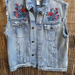 Forever 21 Blue Denim Vest with Floral Embroidery